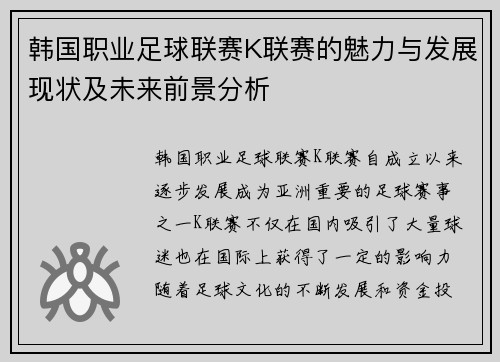 韩国职业足球联赛K联赛的魅力与发展现状及未来前景分析